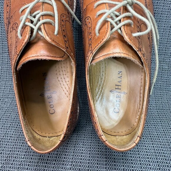 Cole Haan Mens Size 10M Tan Giraldo Wingtip Leather Oxford Shoes Brogue Detail - Picture 8 of 10